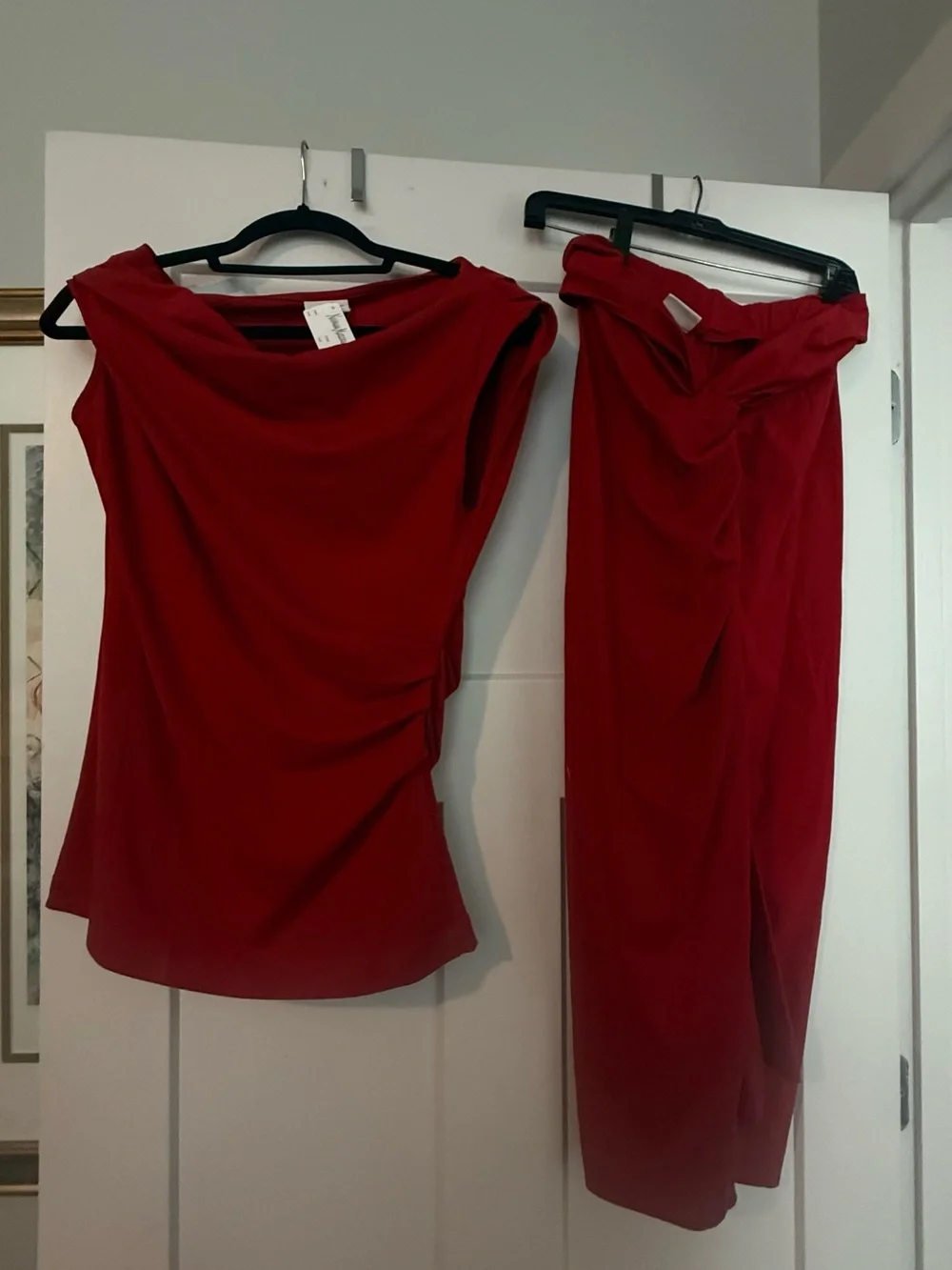 Dries Van Noten Red One-Shoulder Draped Top and Skirt Set